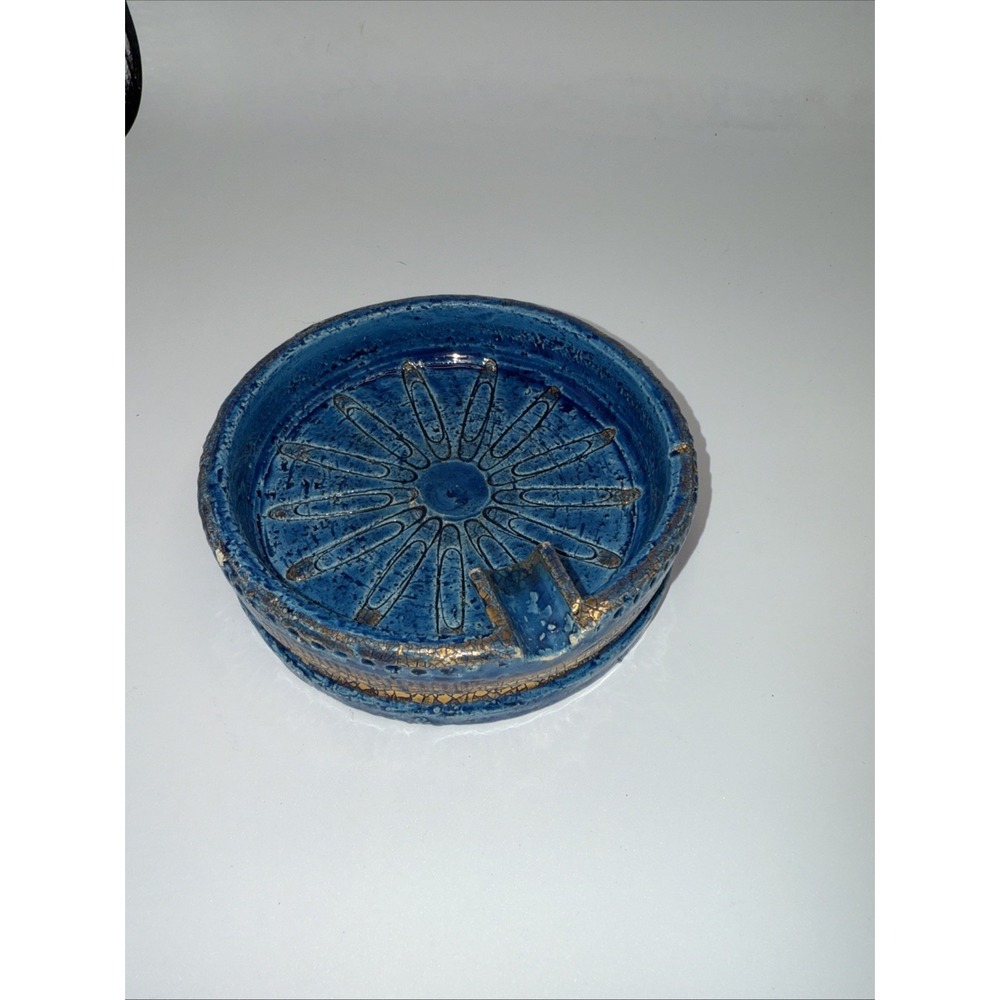 Vintage Italy Numbered Bitossi Rimini? Blue ceramic ashtray  Glazed Golden 60s?